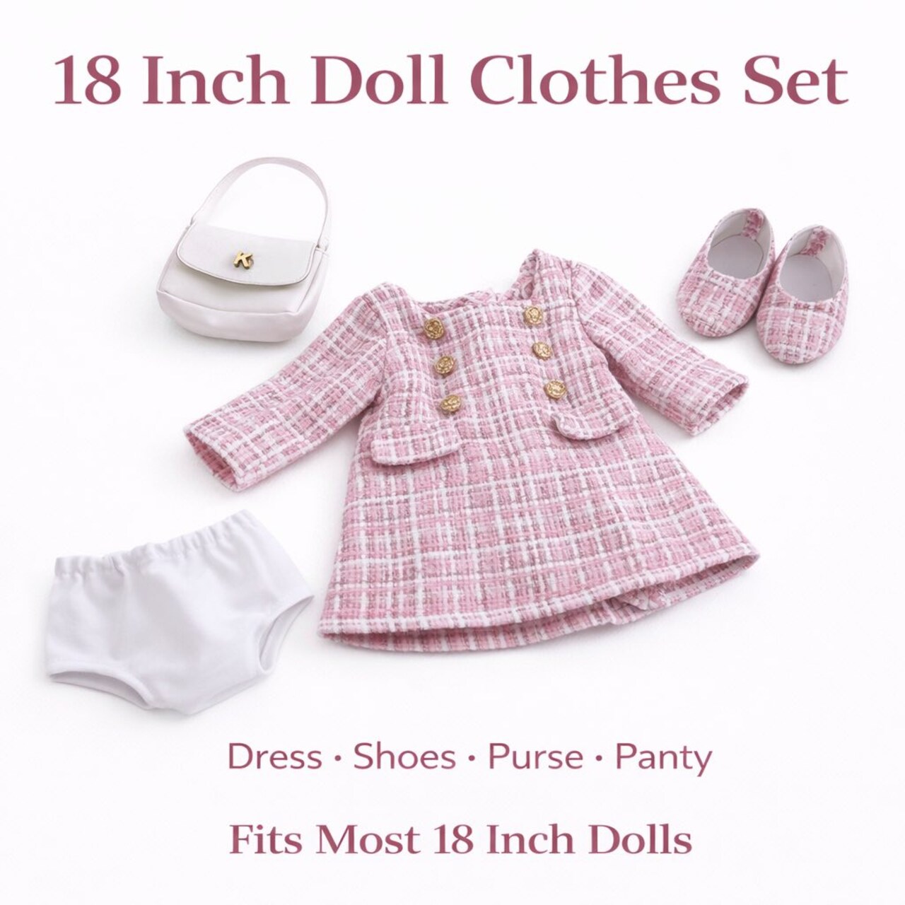MBD Doll Clothes Tweed Dress Outfit with Purse & Shoes – Fits 18 Inch Dolls Including Kennedy and Friends – Classic Pink Bouclé Set